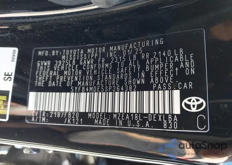 2025 Toyota Corolla Le из США, поврежденный, VIN 5YFB4MDE5SP264382